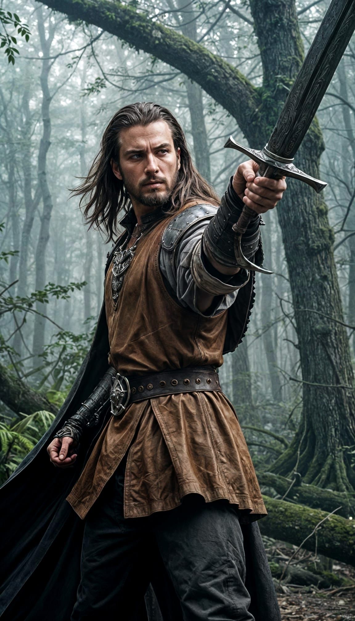 Muscular Swordsman in Forest: Hyperrealistic Digital Art