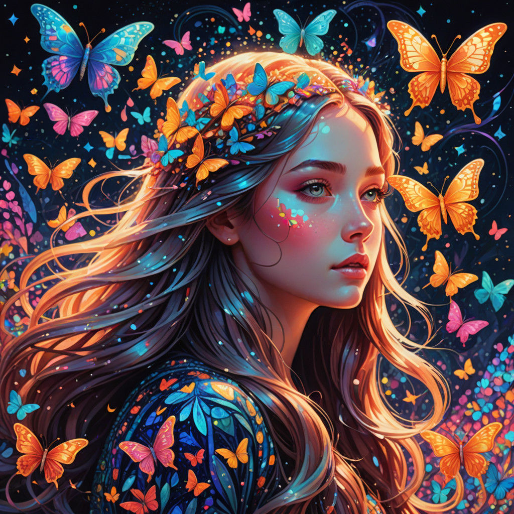 Dreamlike Whimsy: Girl Among Swirling Butterflies