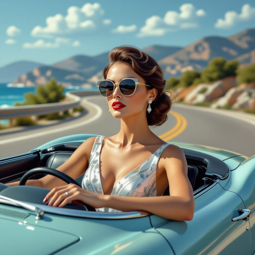 Elegant Woman Drives Car in Photorealistic Style