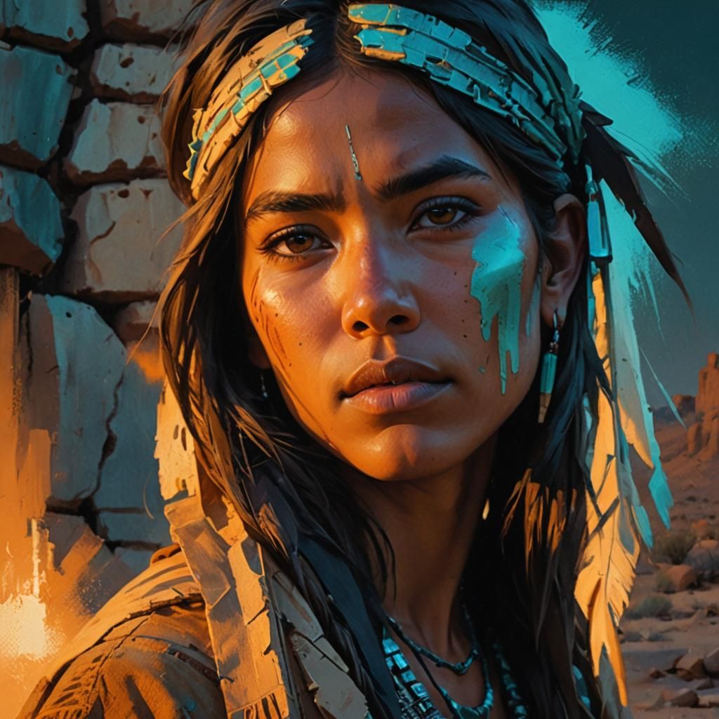 Apache Girl Portrait in Desert Landscape, Minimalist Art