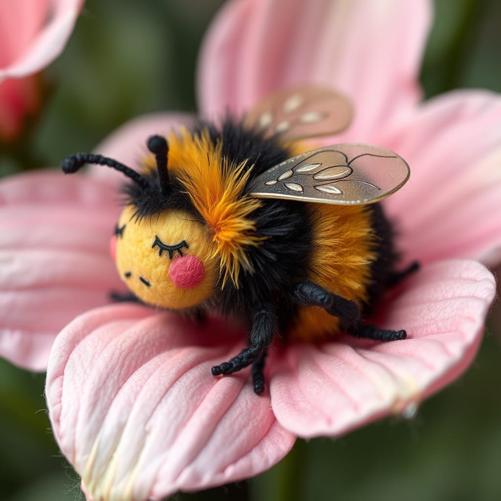 Sleepy Bumblebee on Petal in Textile Art Style