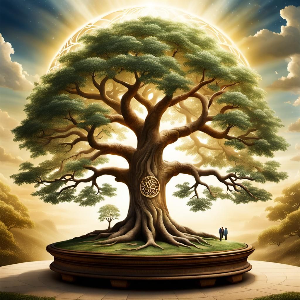 Photorealistic Tree of Life: A Peaceful Light Academia Scene