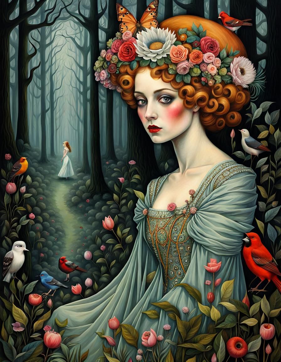 Baroque Ice Queen Portrait in Gouache Ink Print Style