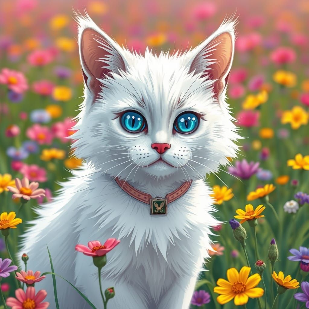 Blue-Eyed White Cat in Flower Field, Comic Book Style