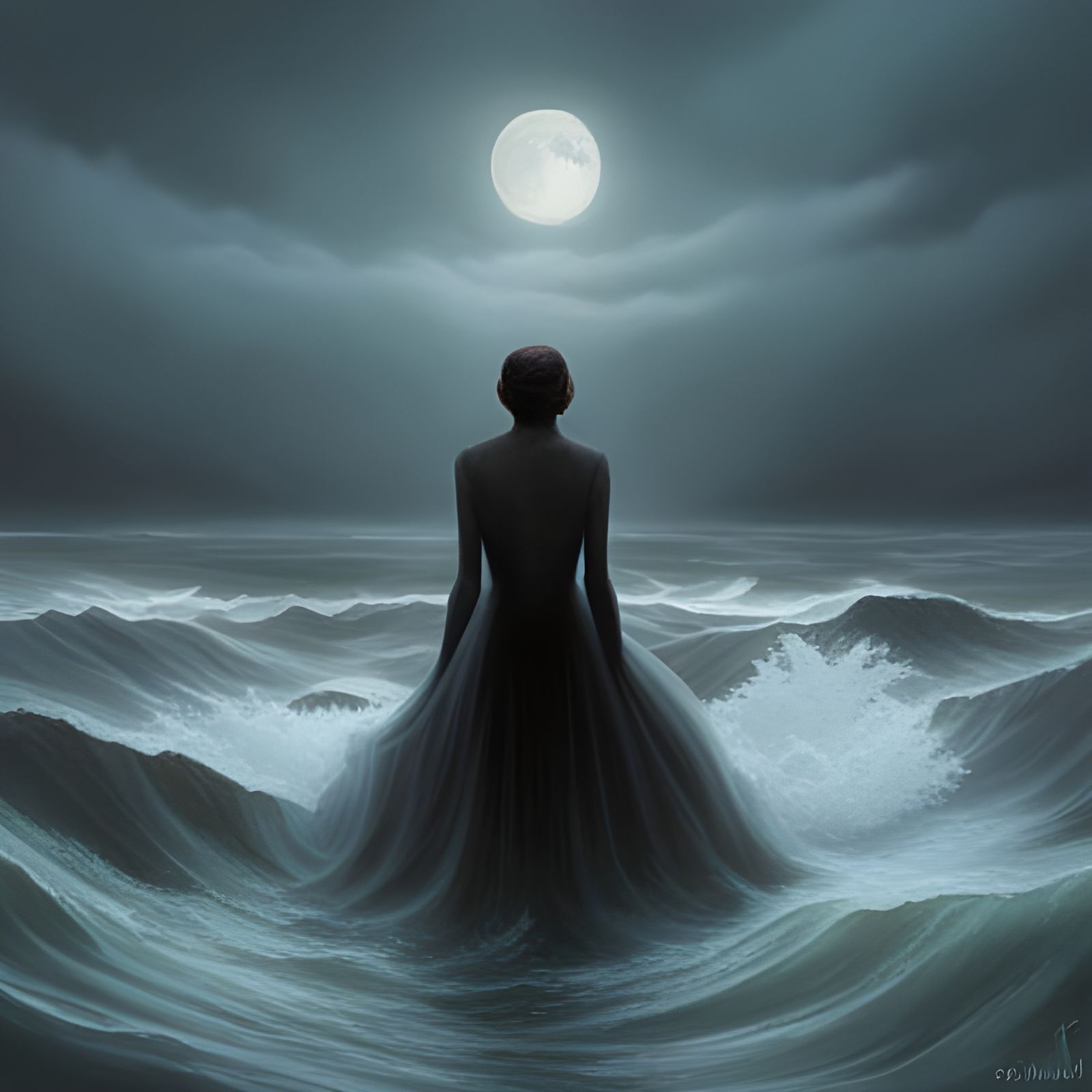 Woman Drowning in Dark Ocean Waves: Semi-Abstract Digital Ar...