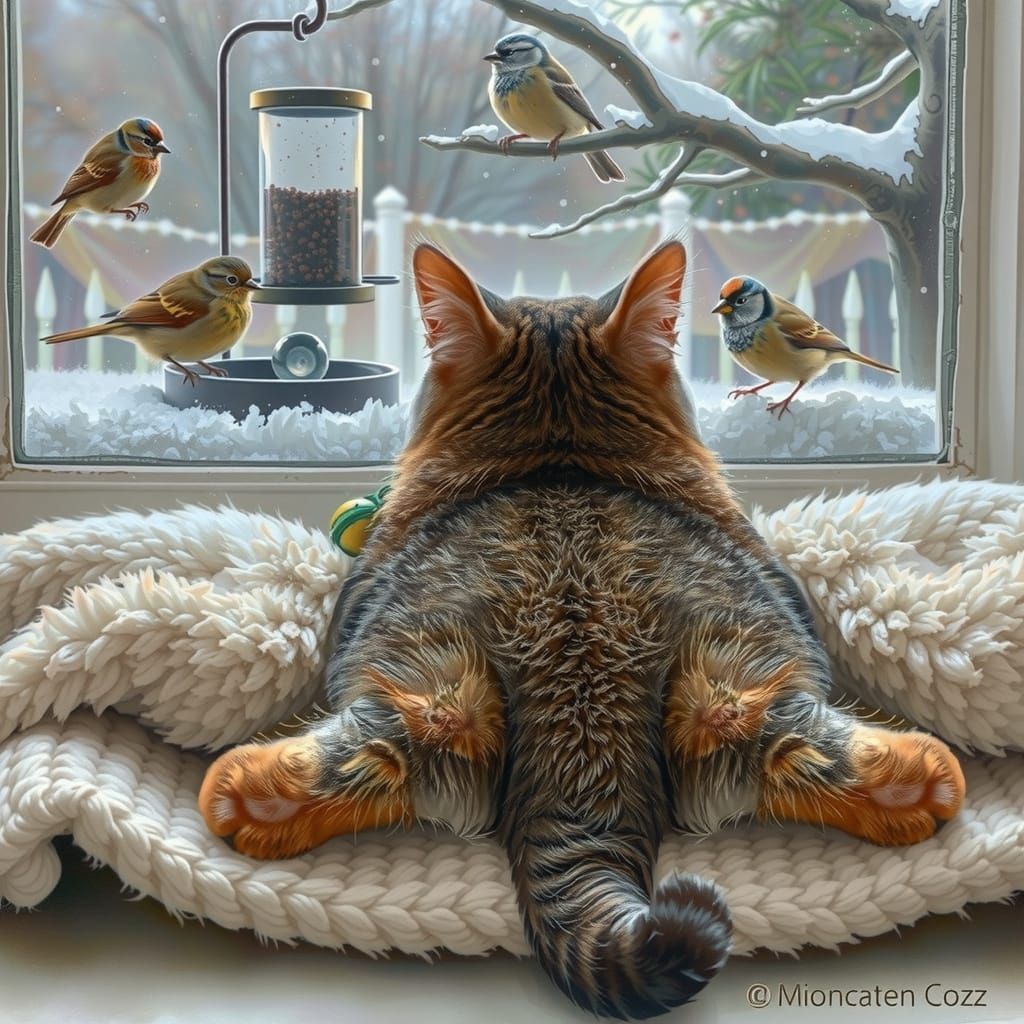 Brown Tabby Cat Contemplates Birds at a Sunny Window