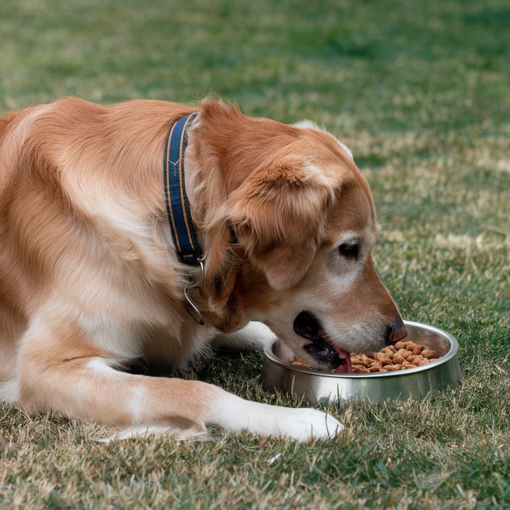 Golden Retriever Dog Eating Food Outdoors