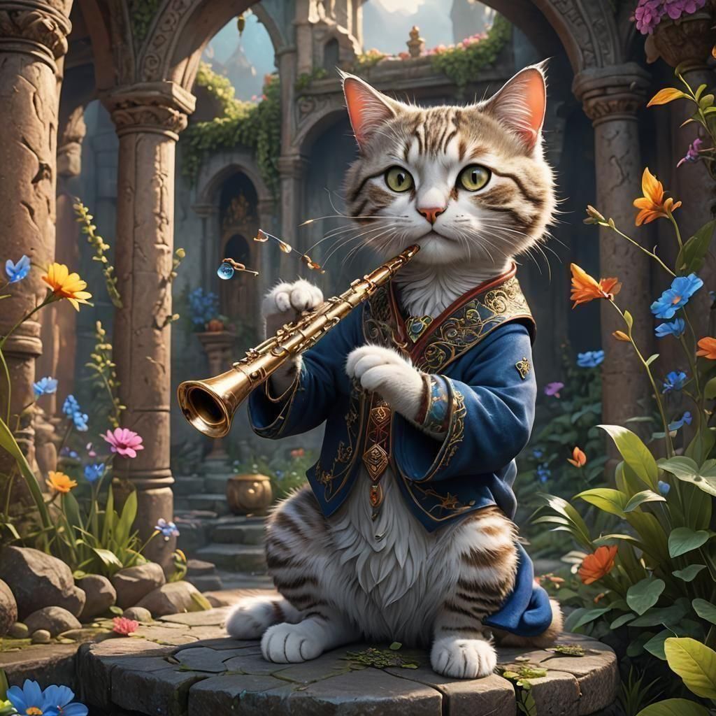Cute Cat Plays Flute: Detailed Digital Art