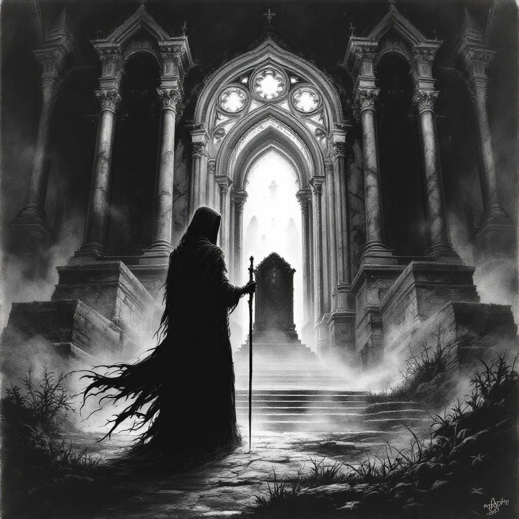 Spectral Reaper at Gothic Mausoleum in Charcoal Style