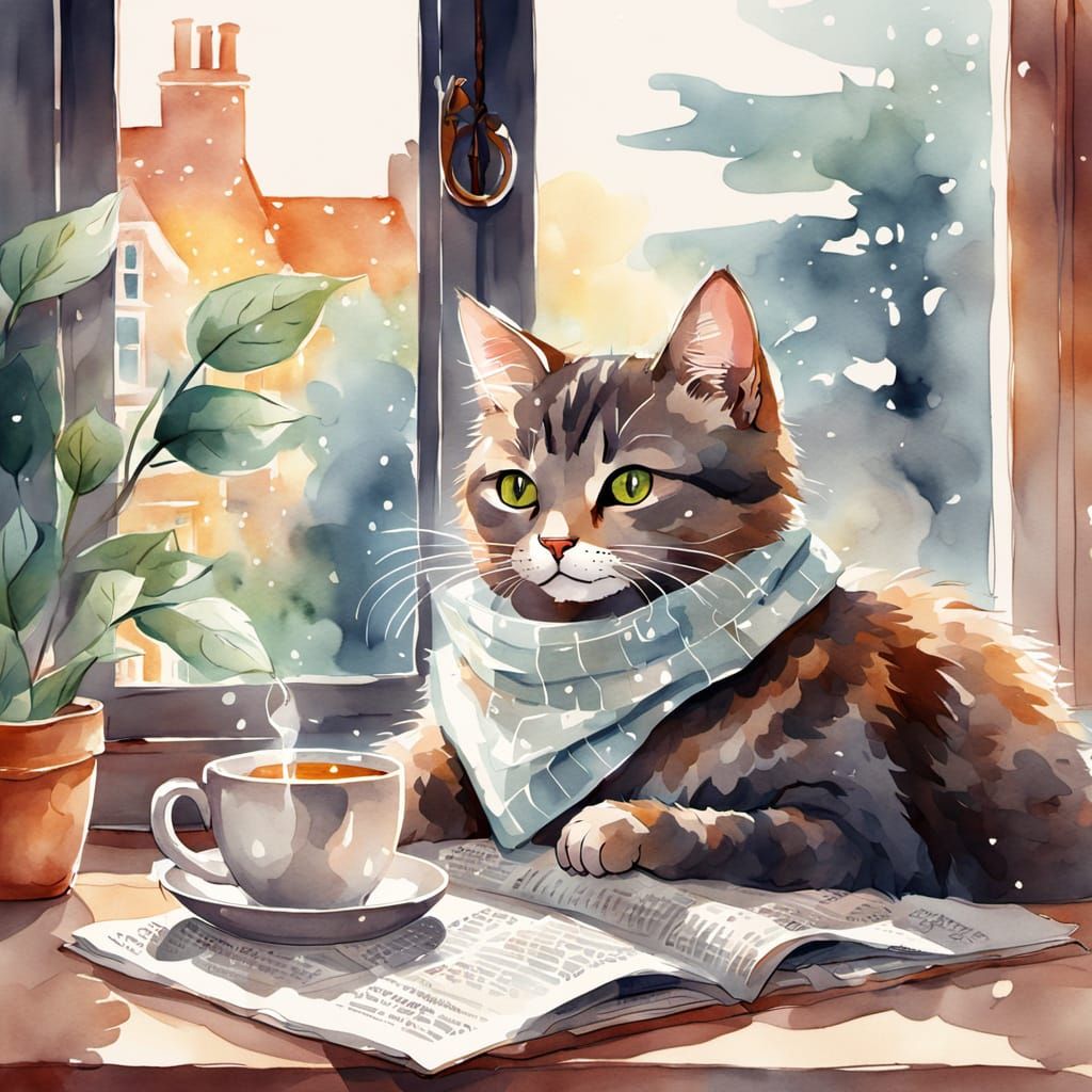 Cat Reading Newspaper by Window in Watercolor Style