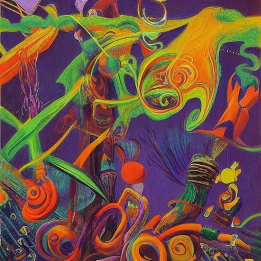 Whimsical Surrealist Scene: Freemason Rabbits Create Carrots...