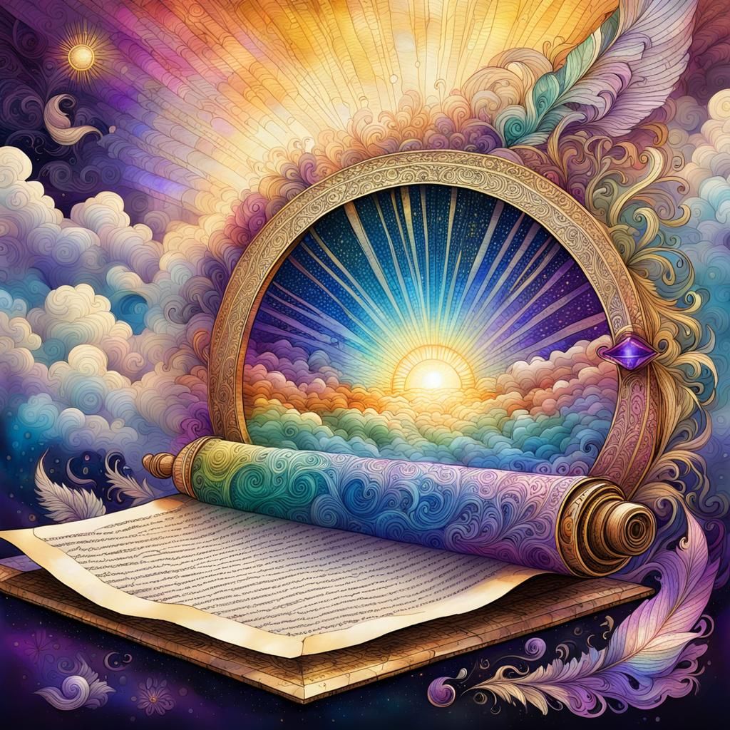 Poetry on Golden Scroll in Rainbow Light