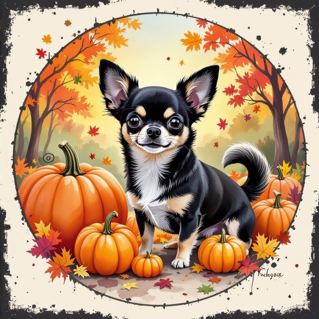 Black Chihuahua with Pumpkins in Watercolor Style