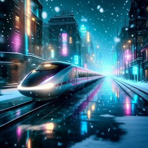 Bullet Train Speeds Through Frozen Cyberpunk City at Night