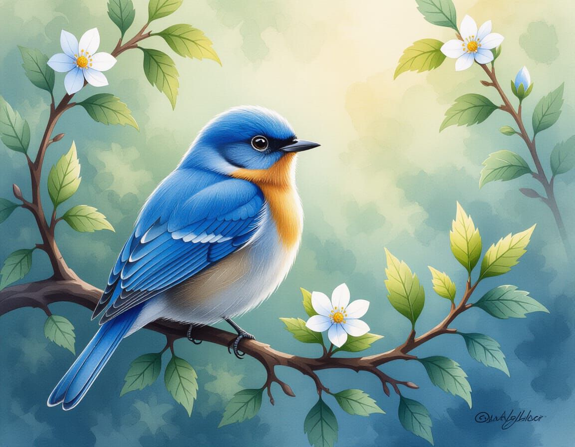 Vivid Watercolor Bird in Detailed Charcoal Drawing