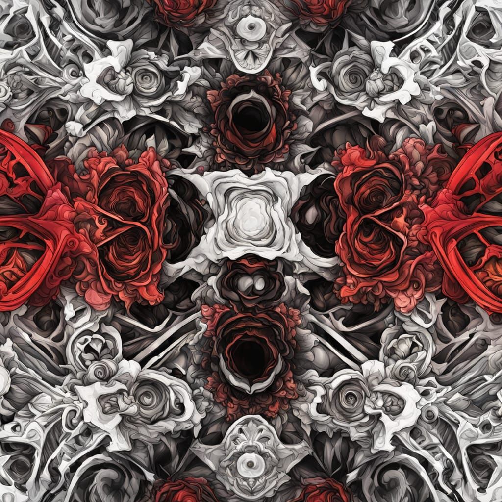 Intricate Geometric Patterns in Swirling Black, Red, and Whi...