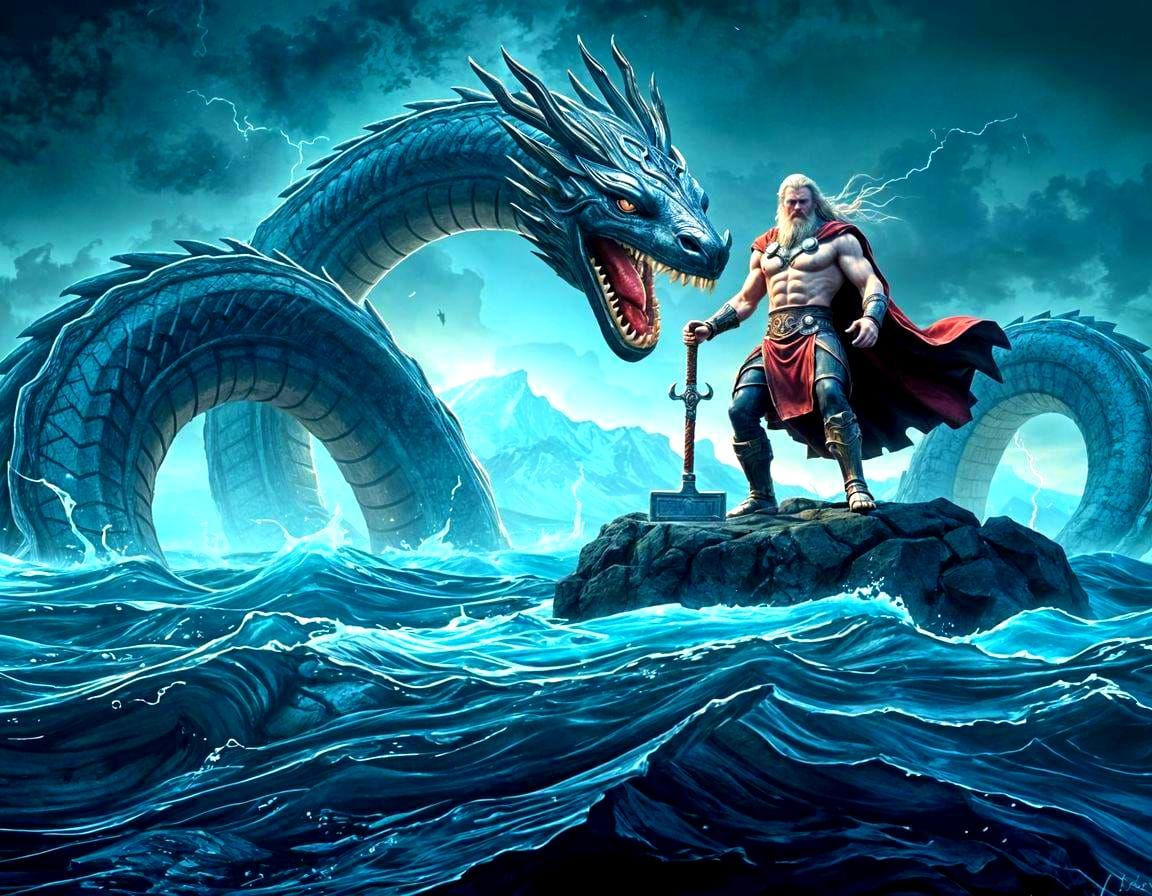 Thor Battles Jormungandr: Nordic Mythology Painting