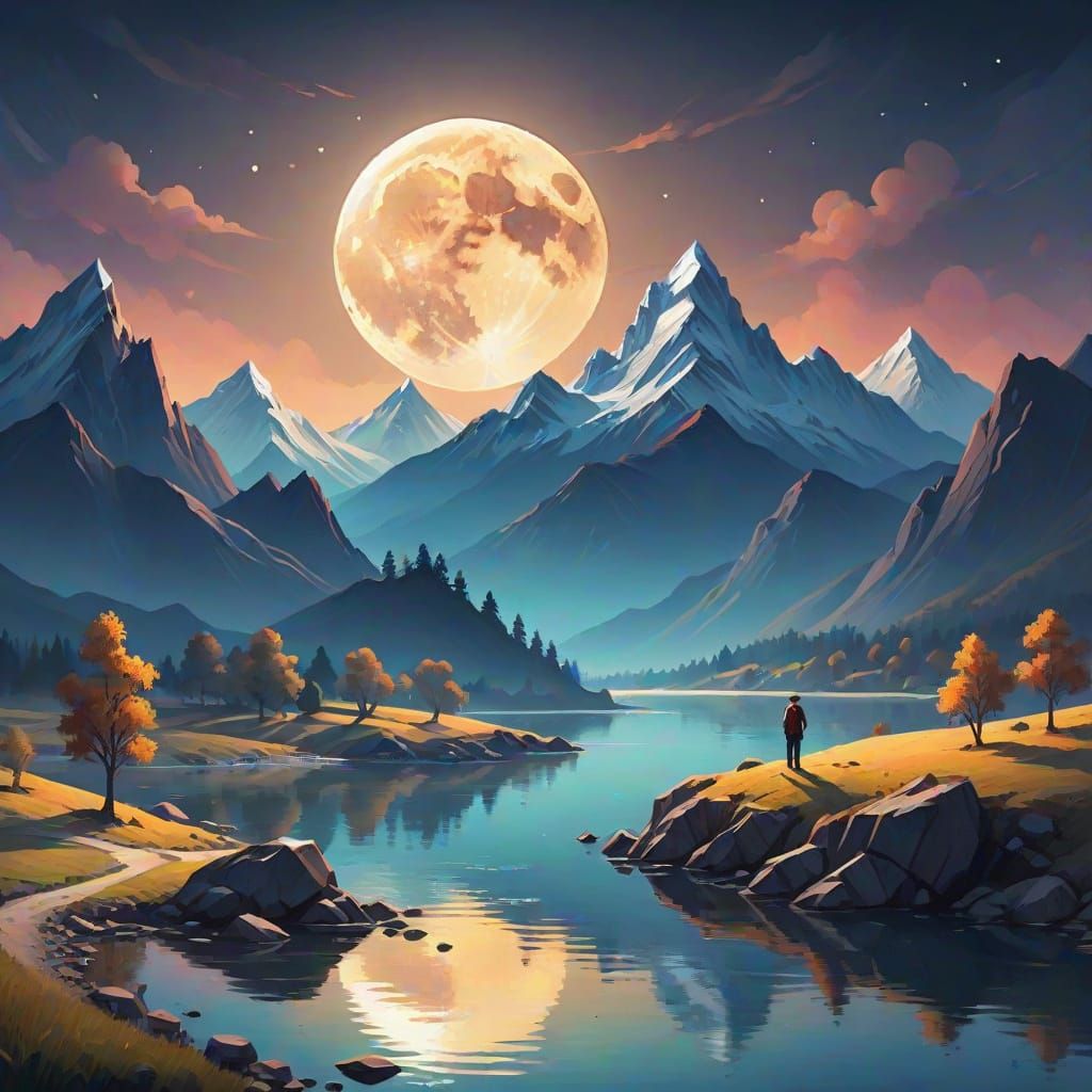 Moonlit Figure on Hill: Low-Poly Landscape Art
