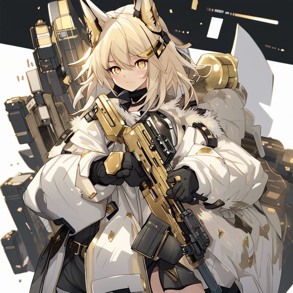 Anime Woman with Gold Machine Gun in Cyberpunk Style