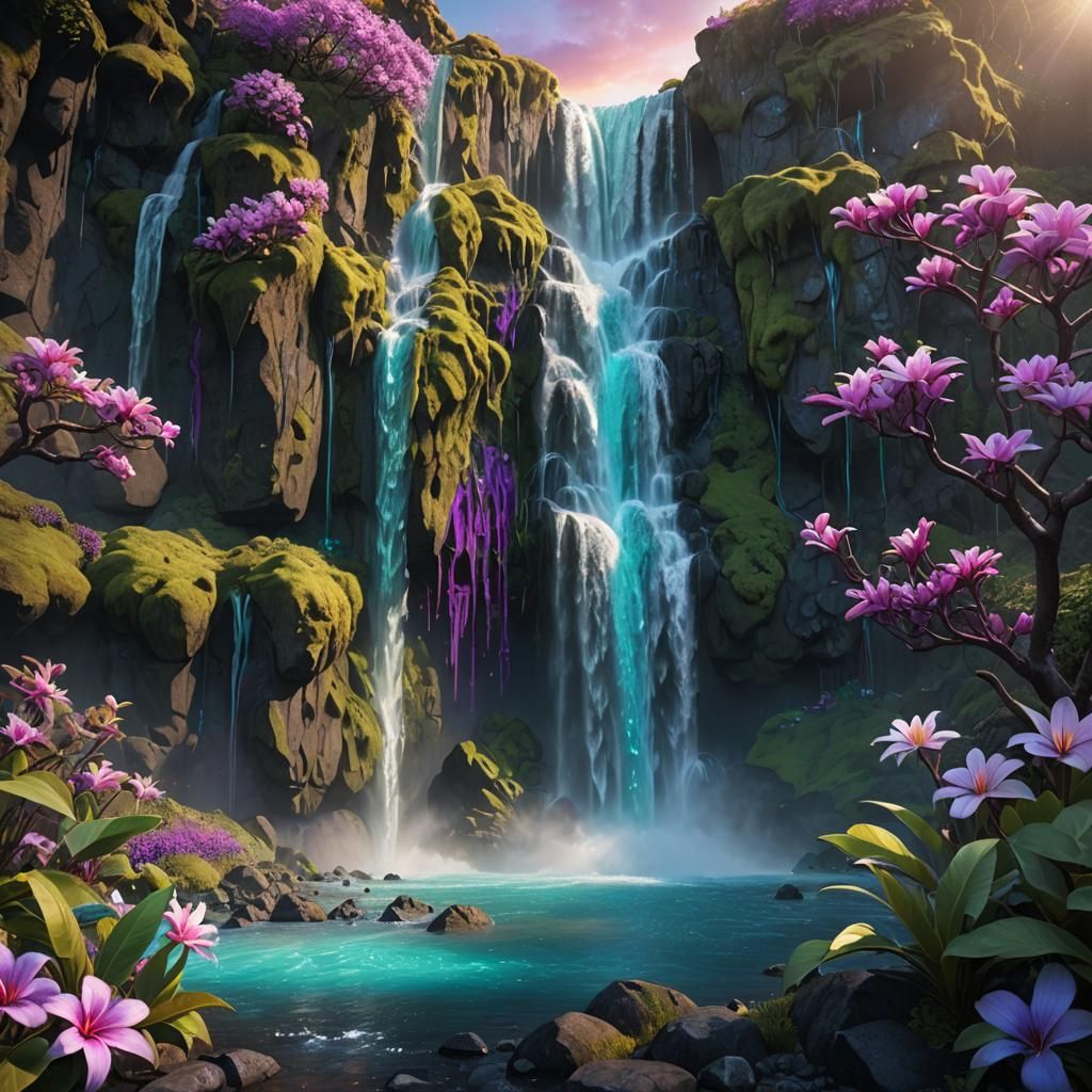 Iceland Waterfall Sunrise with Holographic Lace Details