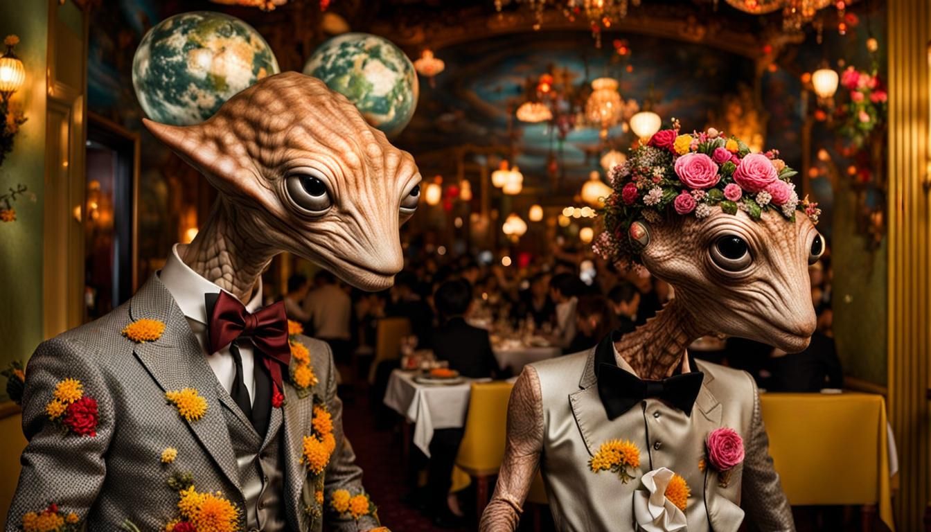 Surreal Restaurant Scene with Exotic Aliens