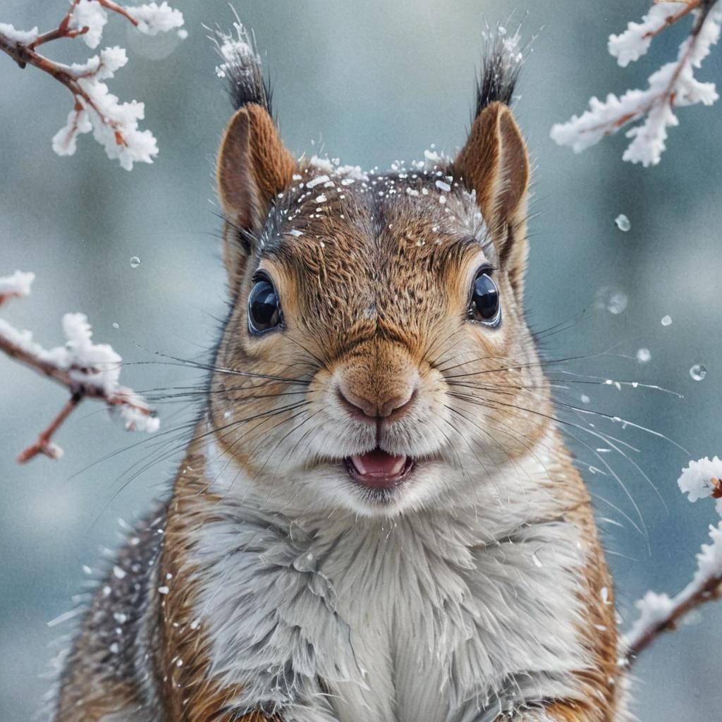 Excited Squirrel Portrait with Dew Drops in Watercolor