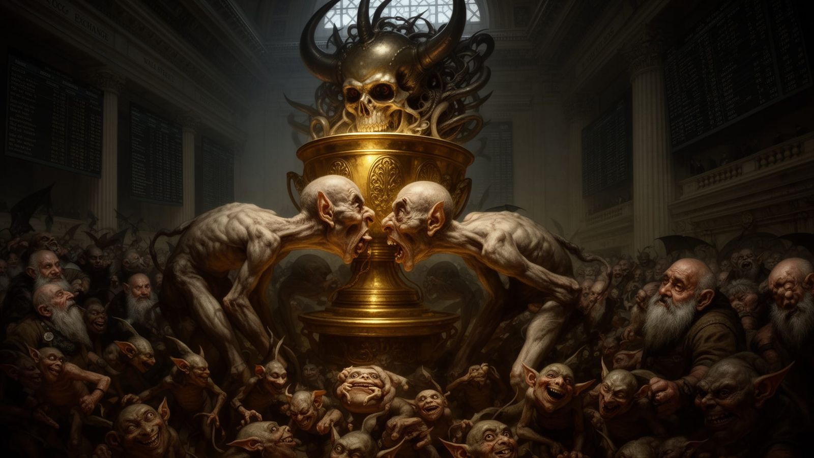 Dark Fantasy Scene of Greed at Stock Exchange