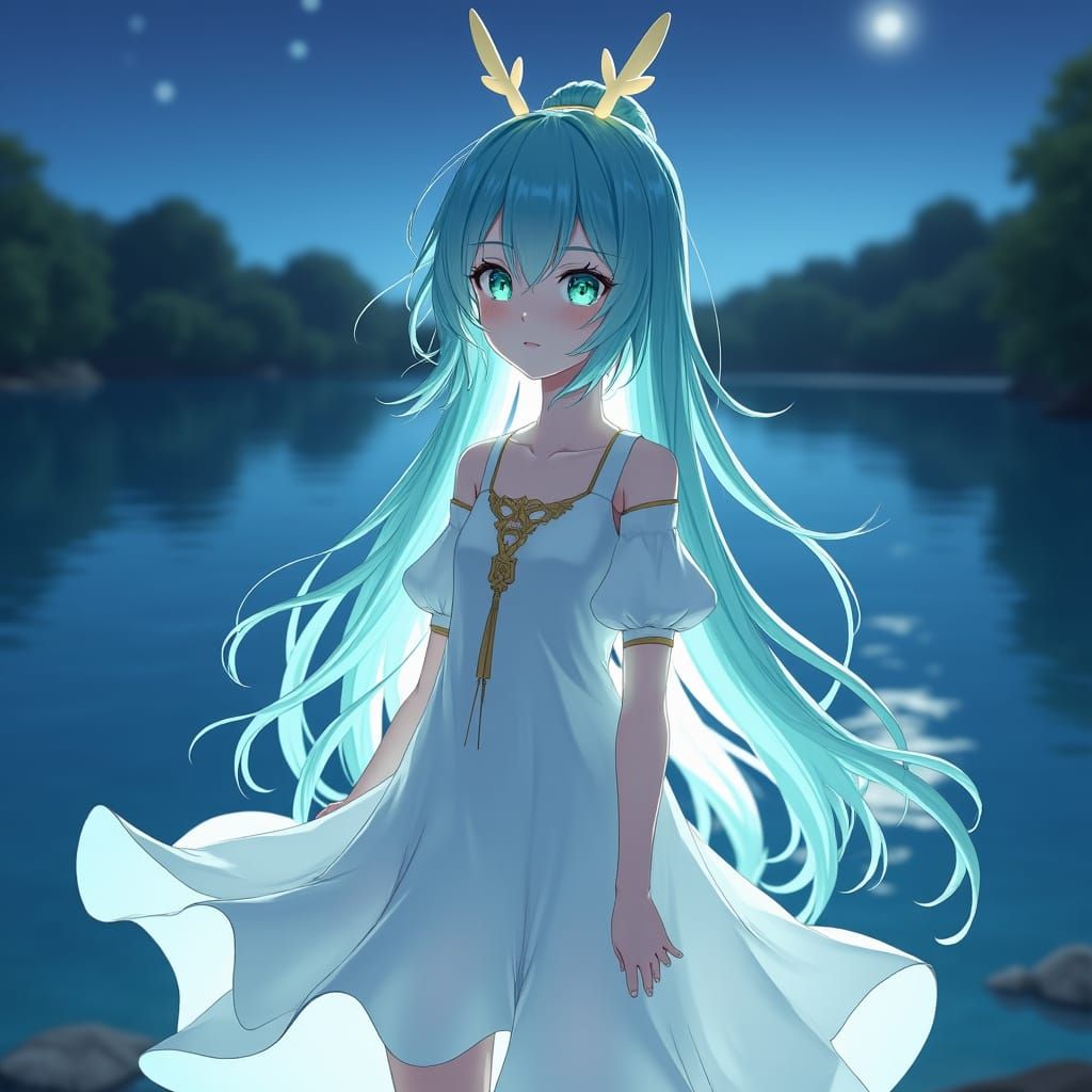 Girl with Blue Hair Standing by a Lake in 3D Anime Art
