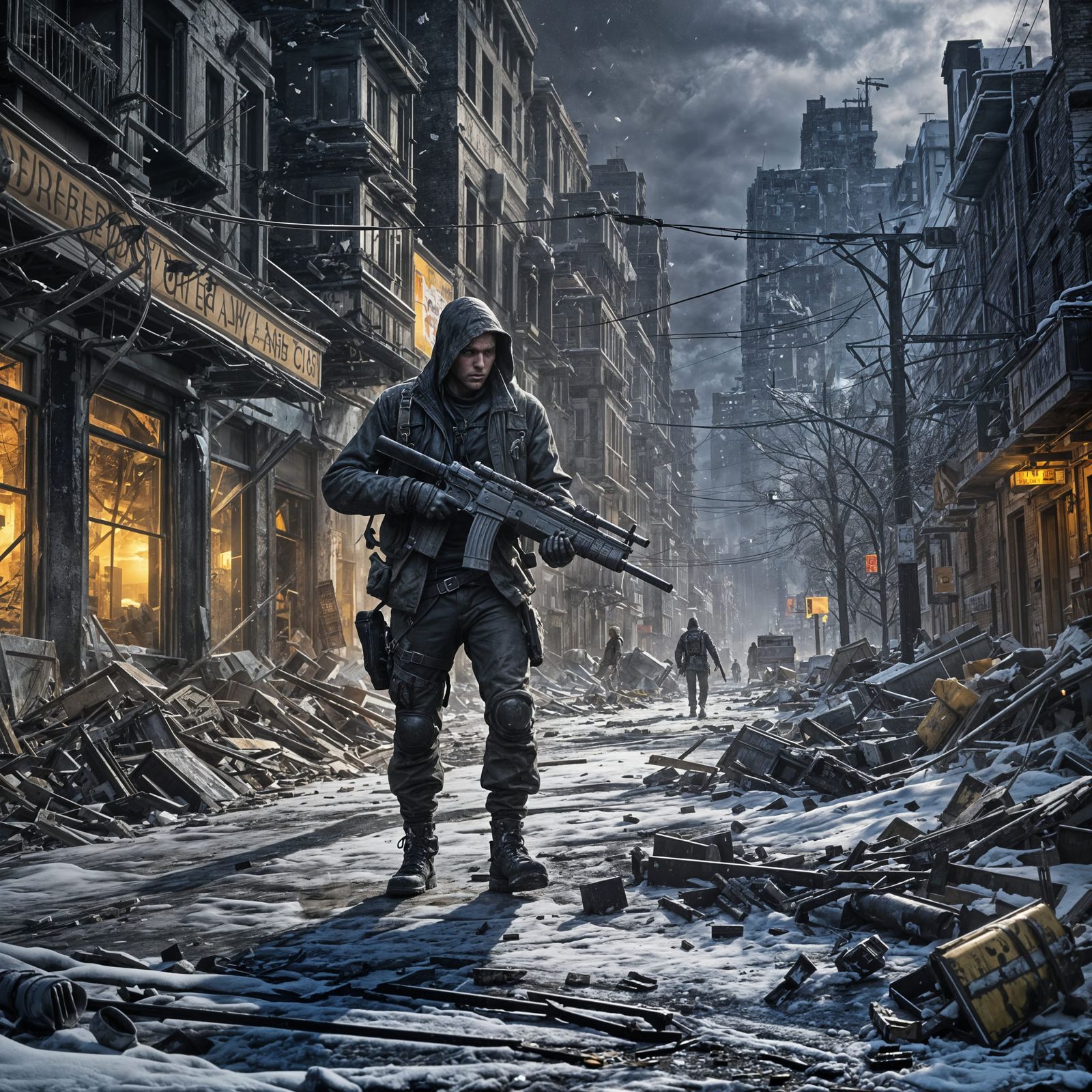 Post Apocalyptic Scavenger Navigates a Snowy Ruined City