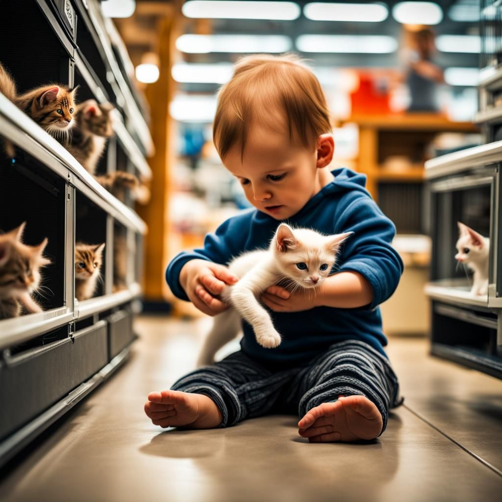 Baby and Kitten Playtime: Hyperrealistic Pet Store Scene