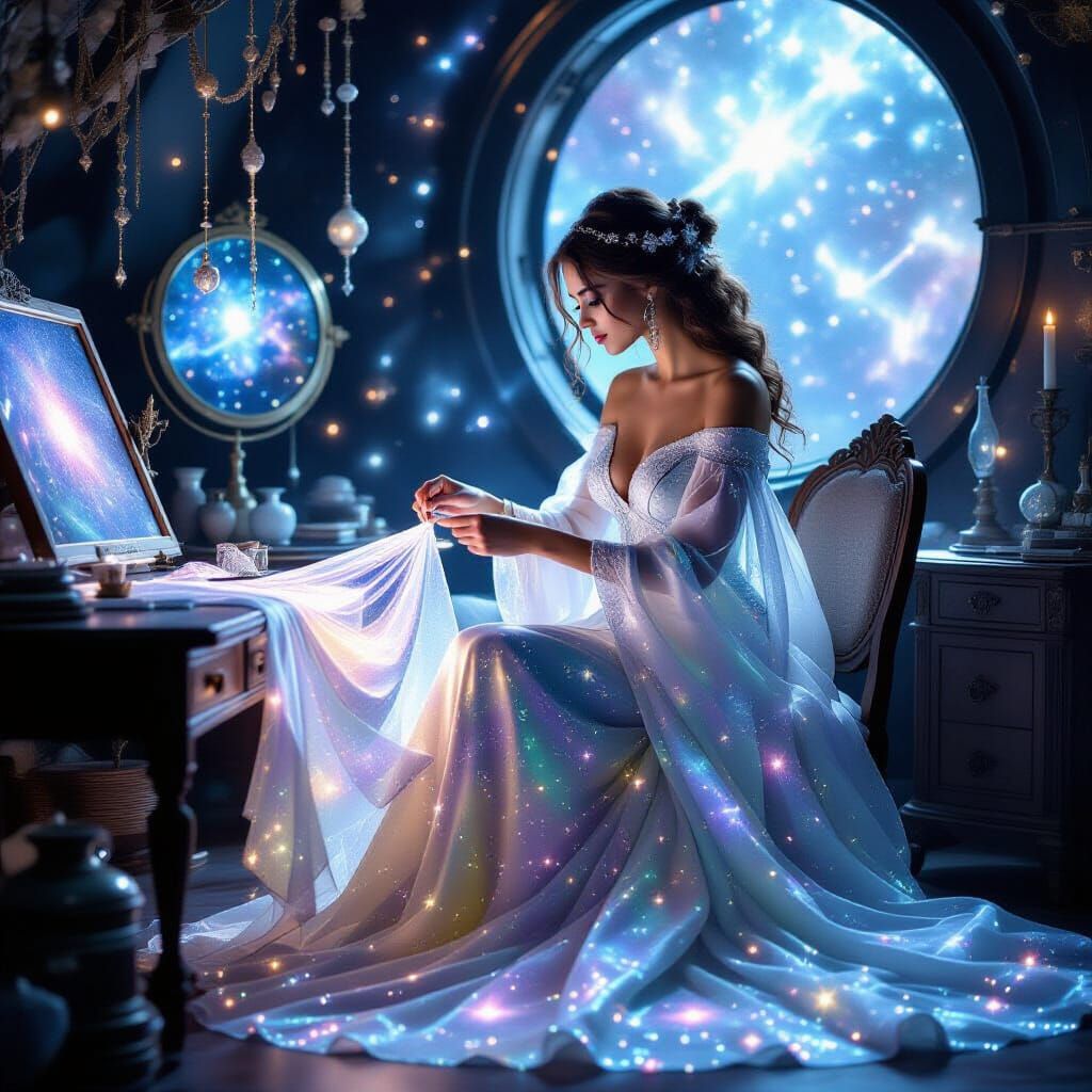 Celestial Seamstress Weaving Starlight Gown in Cosmic Observ...