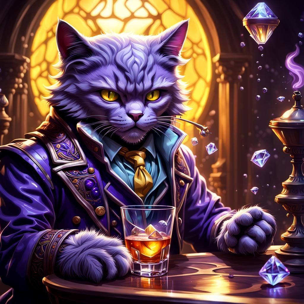 Diamond Cat Sipping: Dark Fantasy Concept Art