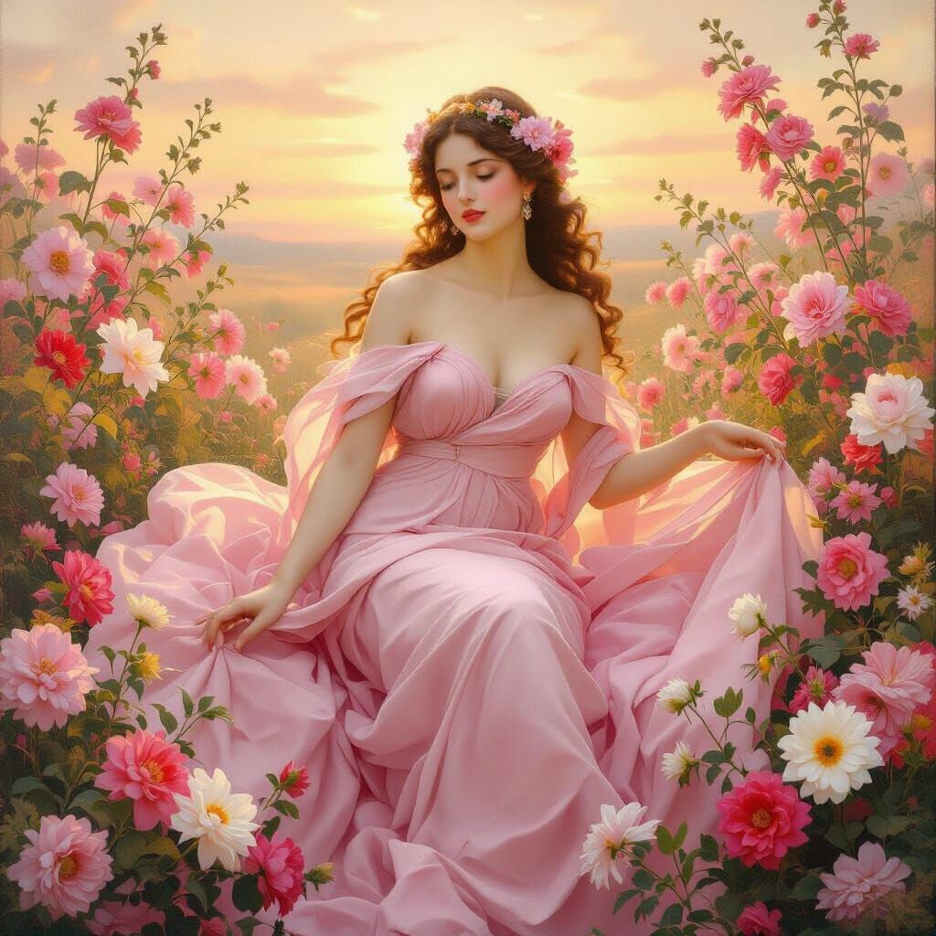 Pink Goddess Venus Surrounded by Flowers in Romantic Oil Pai...