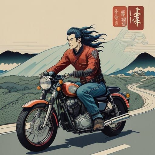 Ukiyo-e Bikers Ride Open Road in Woodblock Style
