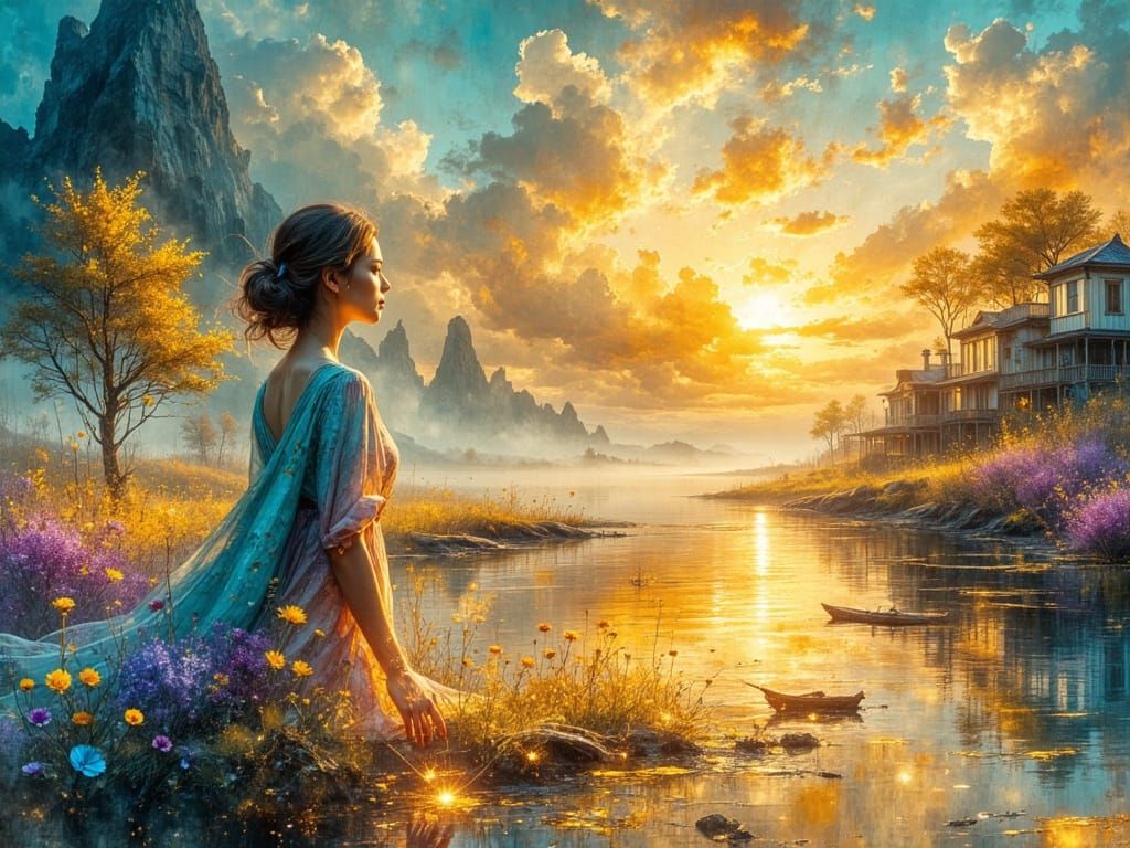 Radiant Woman Illuminates Dreamy Watercolor Landscape