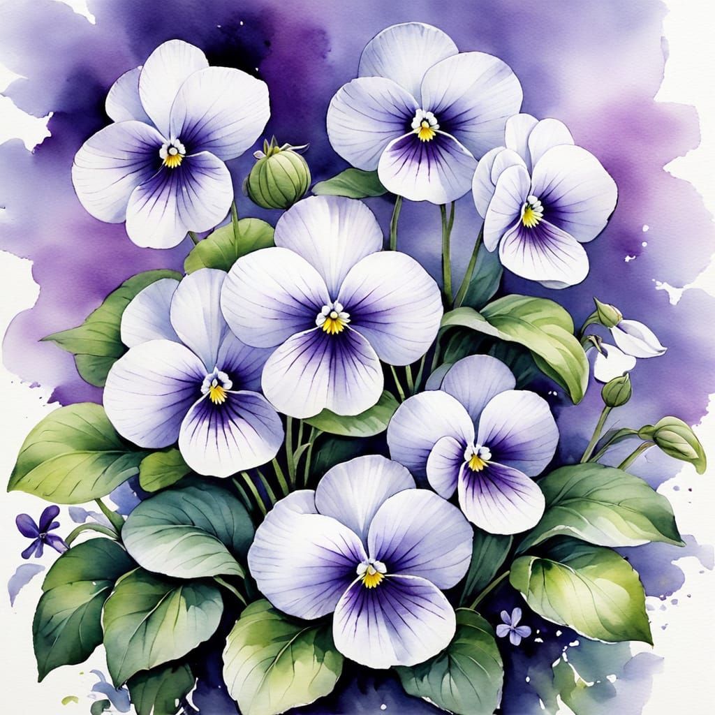 Watercolor Painting of White and Purple Violets