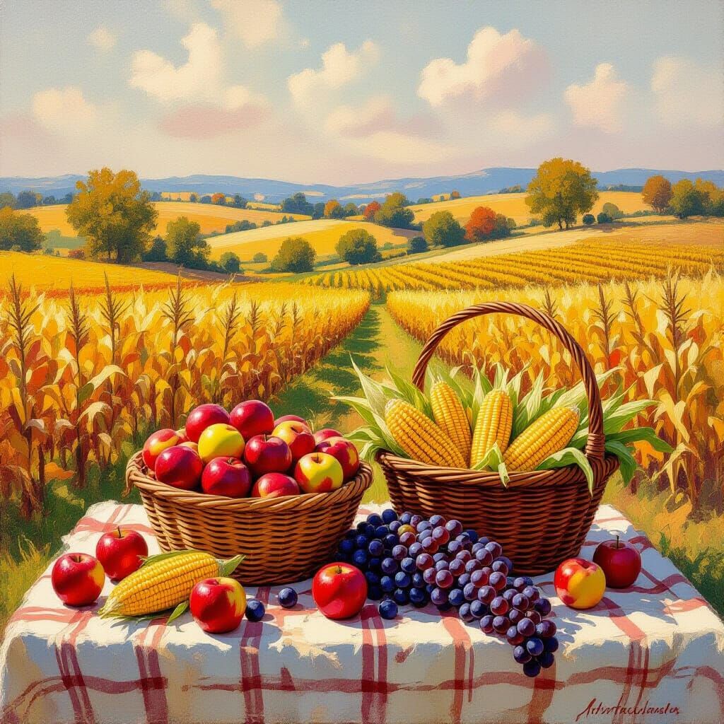 Impressionist Harvest Feast in Golden Hour Light
