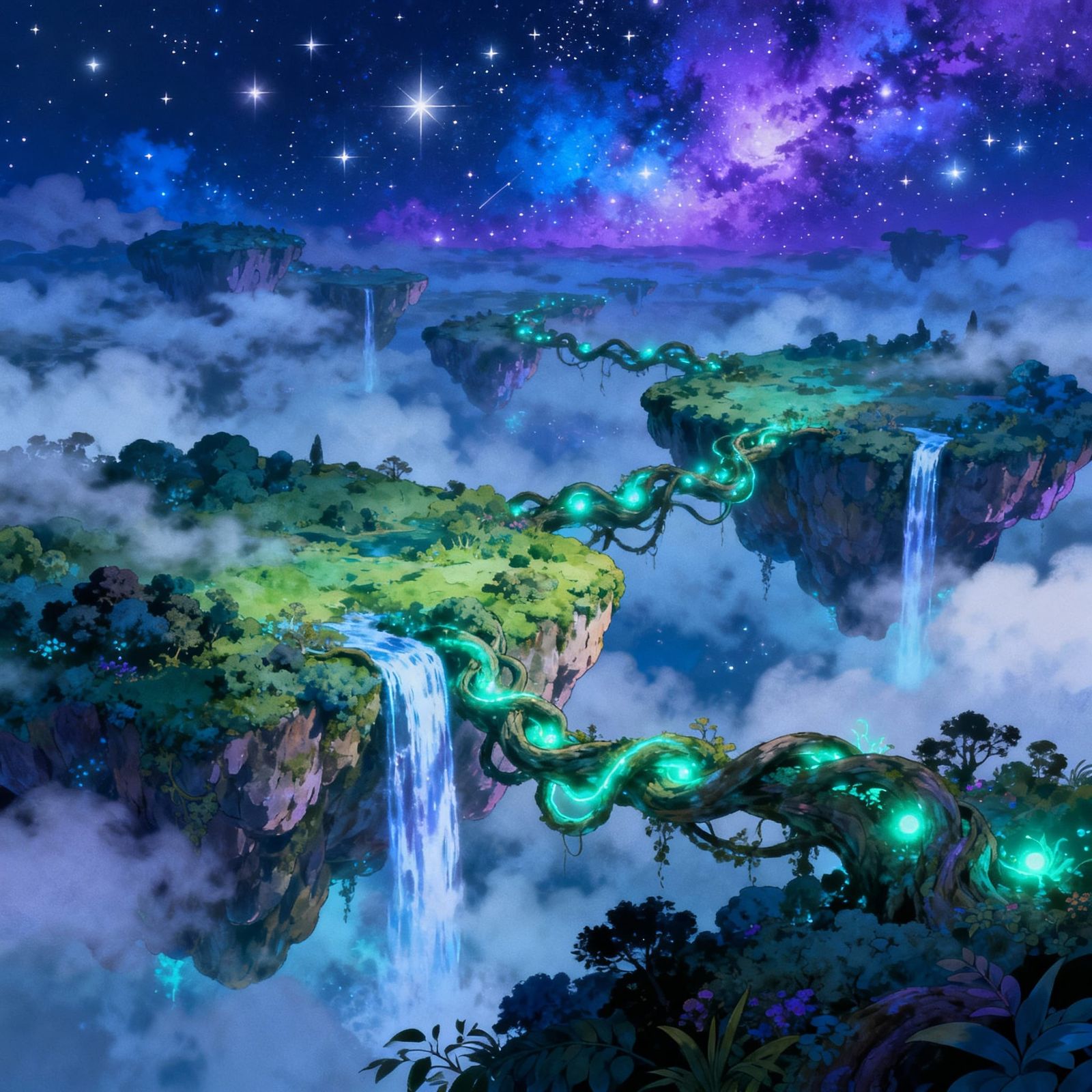 Ethereal Floating Islands with Glowing Vines