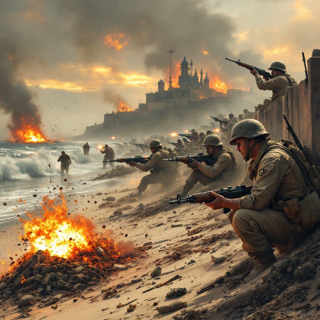 WWII Beach Battle in Hyper-Realistic Style