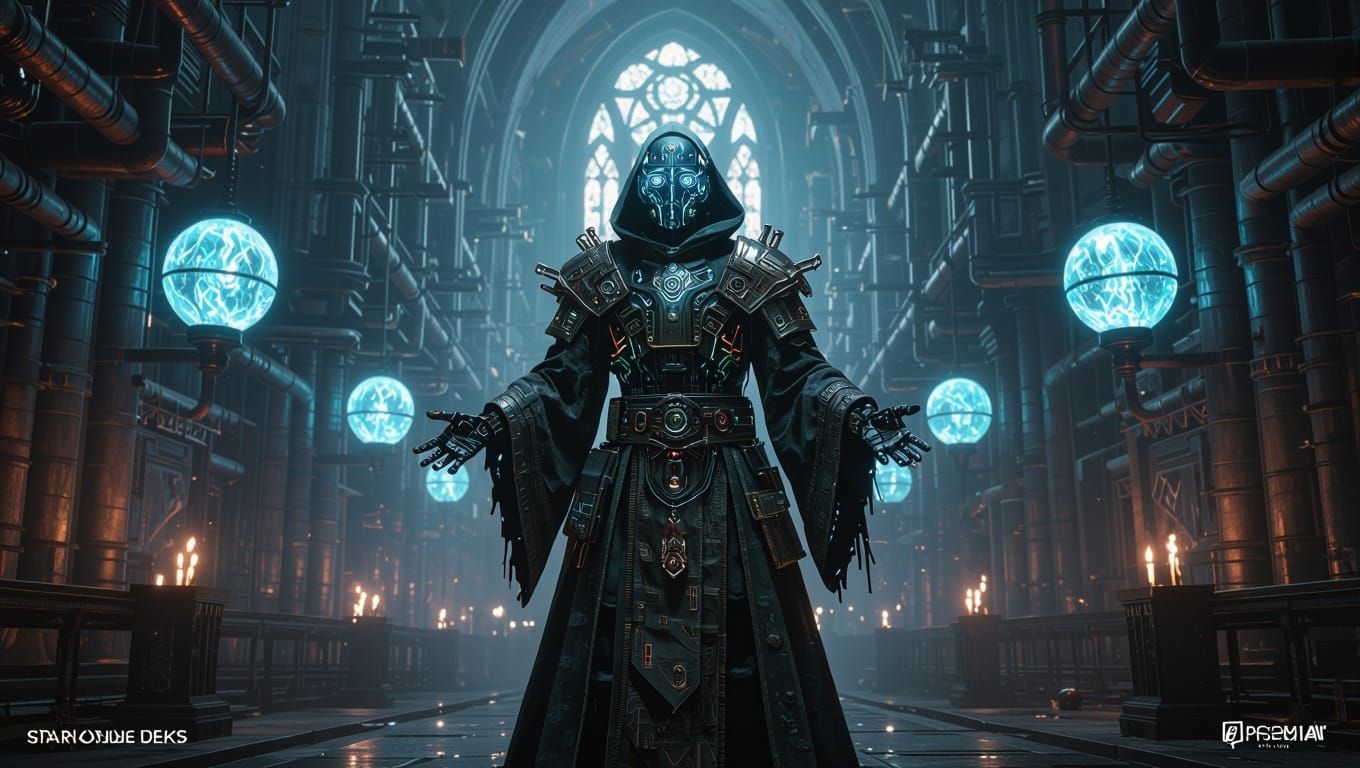 Cybernetic Tech Priest in Gothic Sci-Fi Cathedral