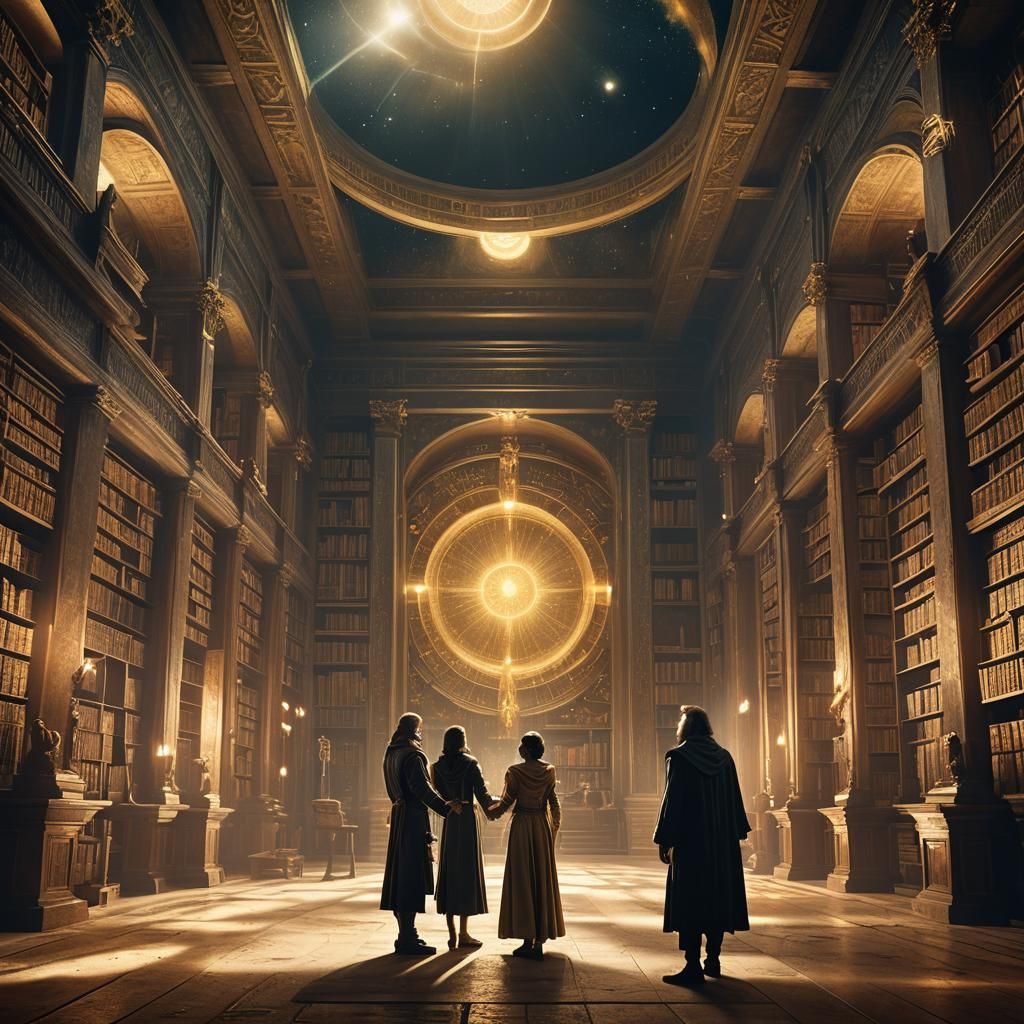 Thoth and Calliope in Ancient Library, Cinematic Digital Art