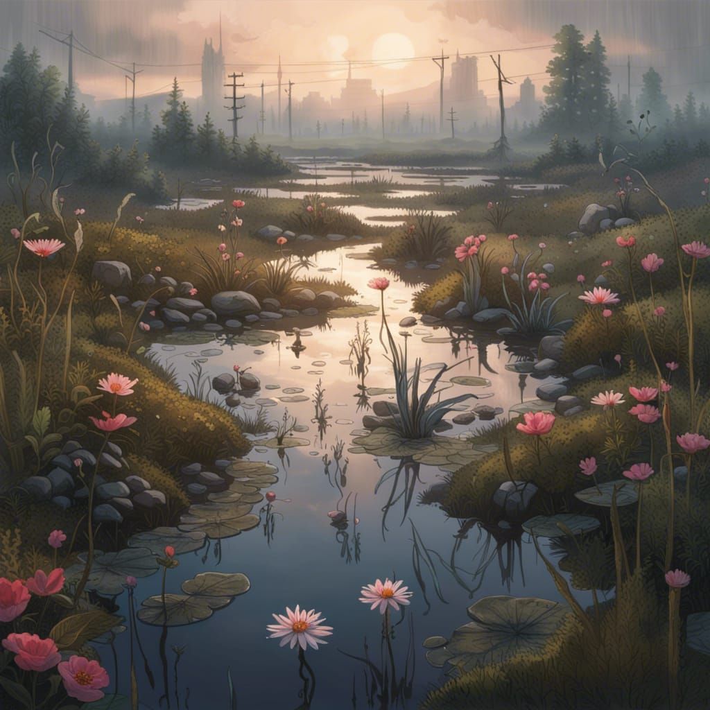 Hyperrealistic Wildflower Bog in Misty Evening Light