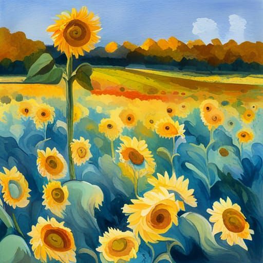 Blooming Sunflowers Field in Watercolor Impressionist Style