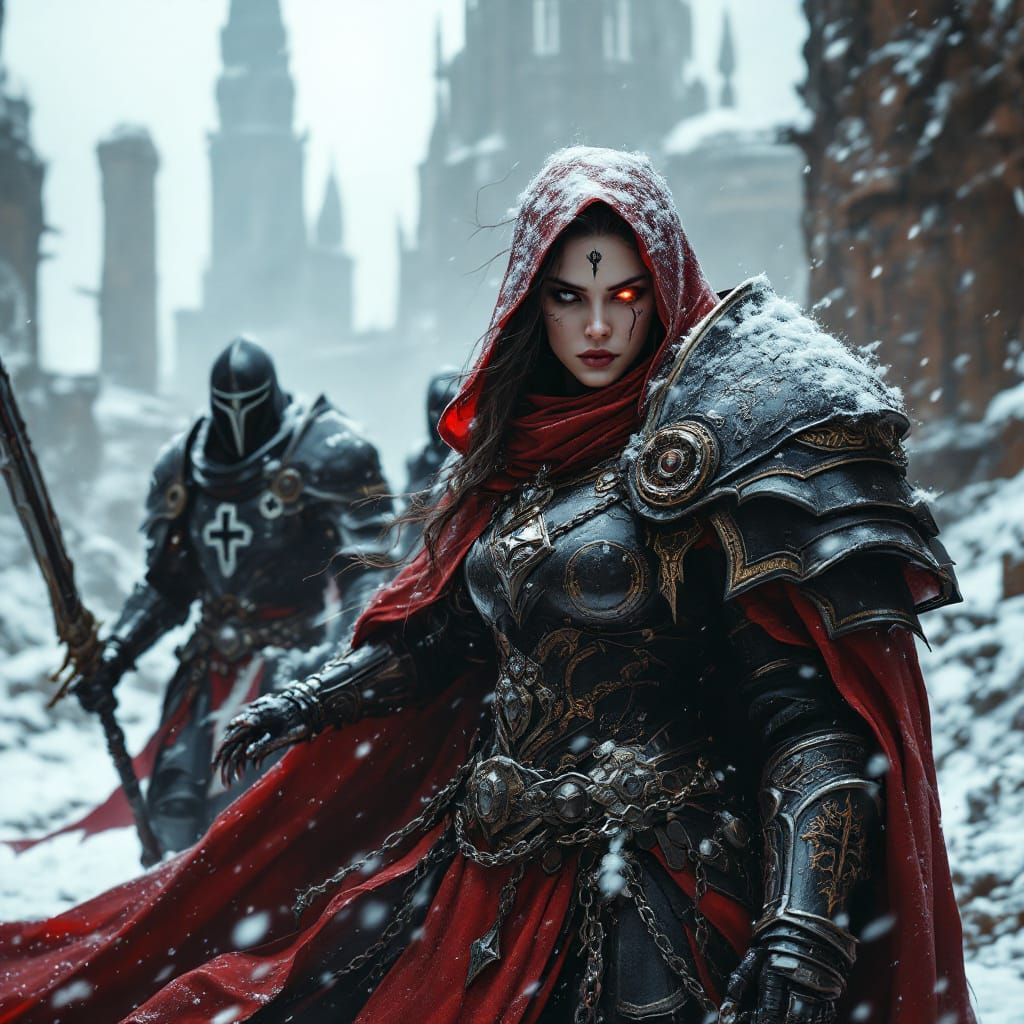 Stern Woman Inquisitor in Ornate Armour with Black Templars