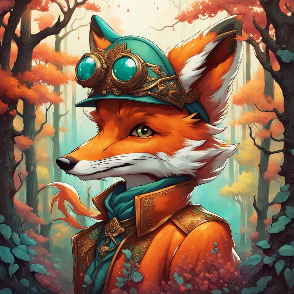 Fantasy Fox Archer in Alphonse Mucha Graffiti Style