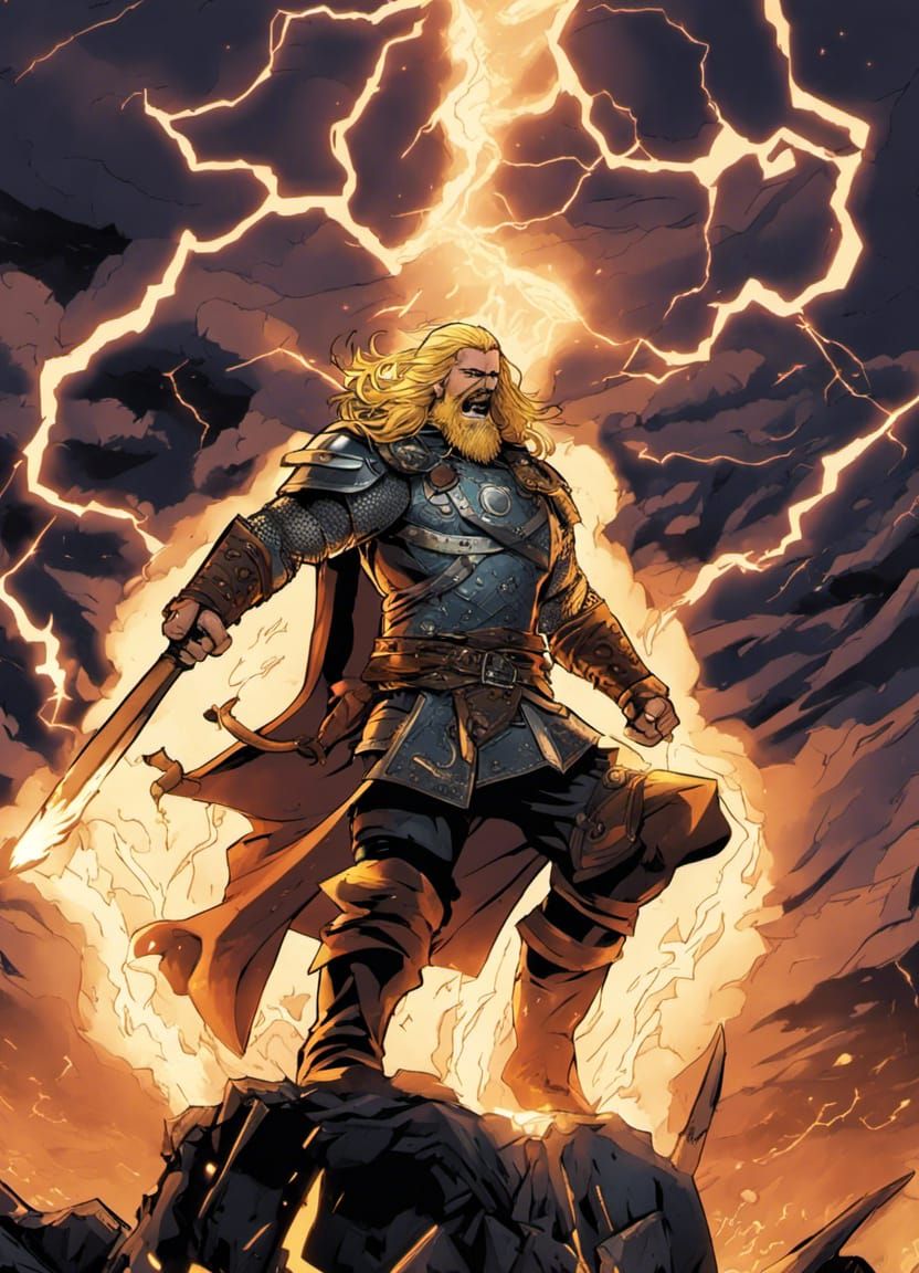 Epic Anime Viking Wielding Hammer in Lightning Storm