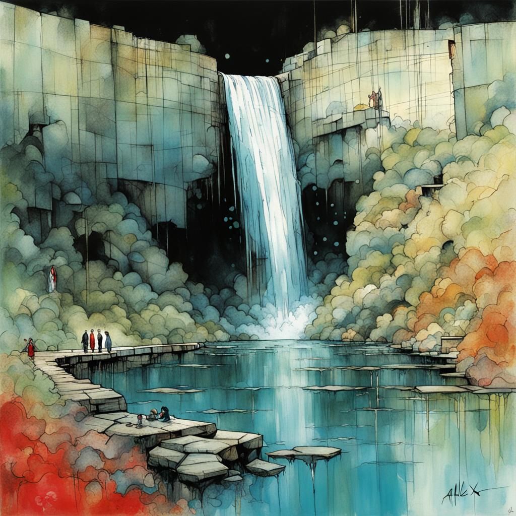 Dramatic Waterfall Scene in Graphic Novel Style