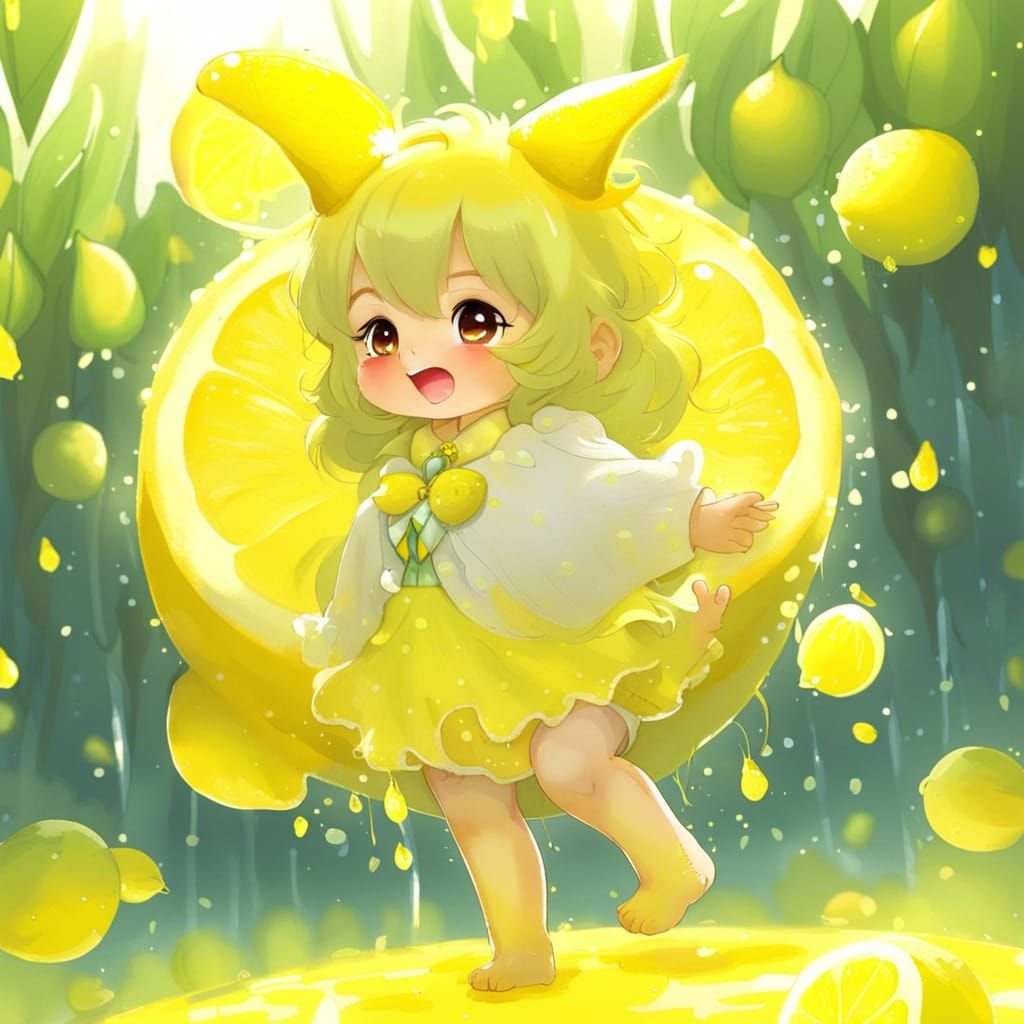 Lemon Chibi in Bioluminescent Field, Digital Art