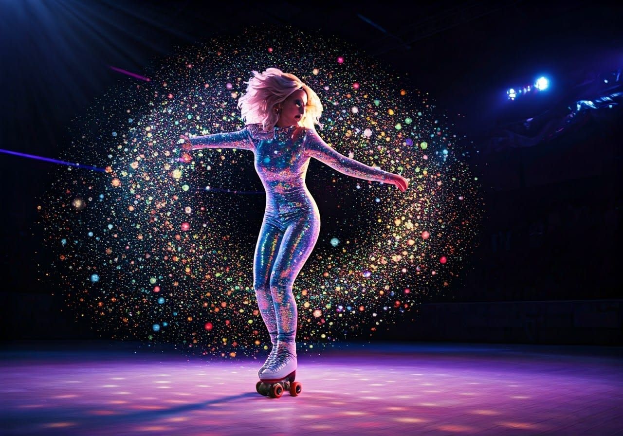 Radiant Rollerskater in Holographic Disco Dreamscape