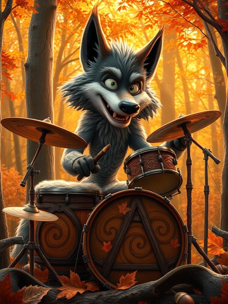 Wolf Drummer in Autumn Forest, Pixar-Style Caricature